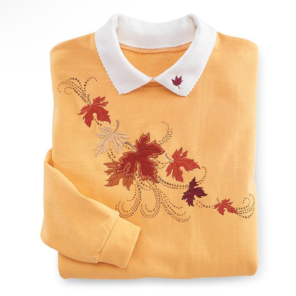 Vintage Women’s Collard Sweatshirt Yellow Maple Leaves | Size M | Preowned | LJ1